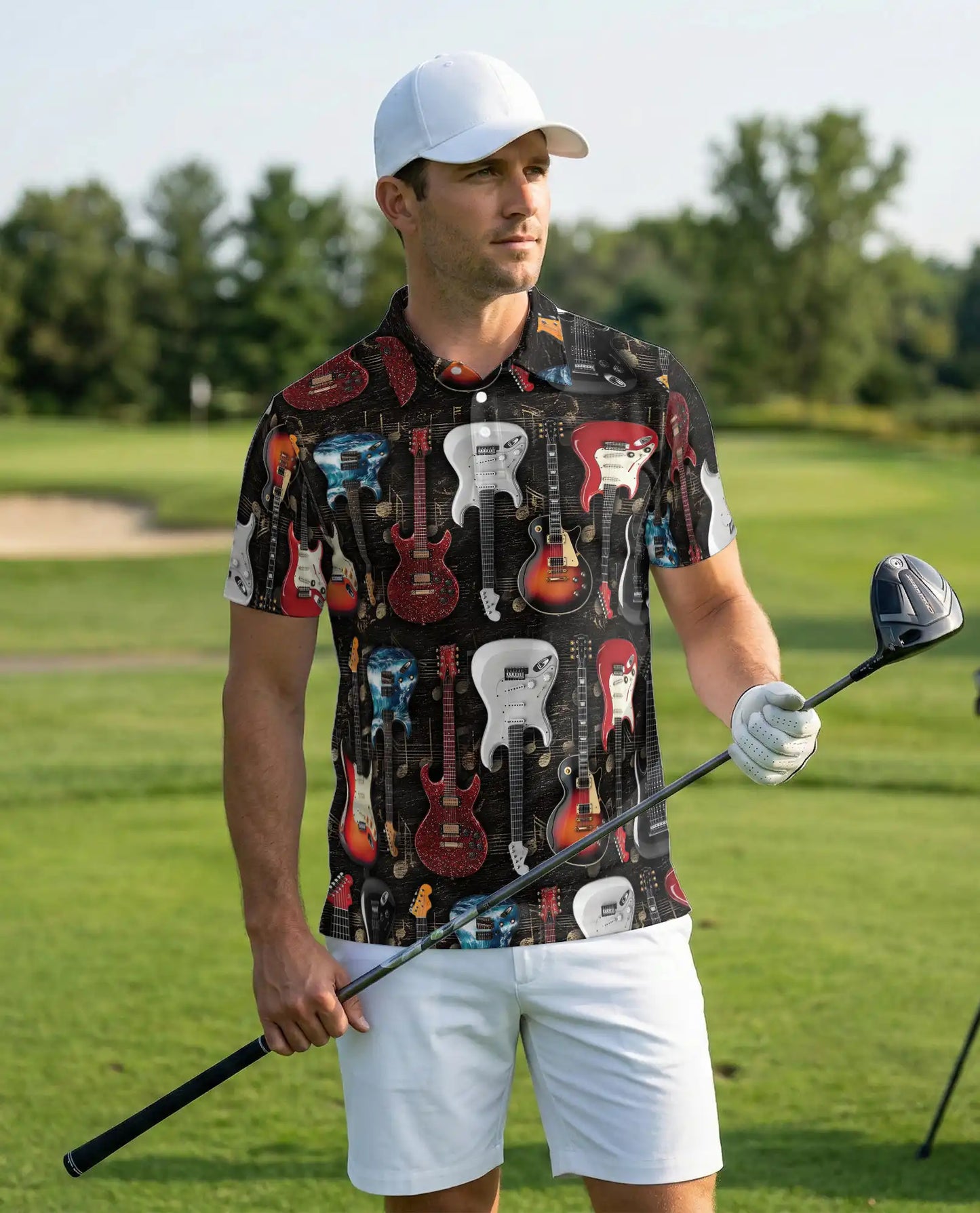Electric Guitar Hawaiian Polo Shirt | Rock Music Guitar Pattern Shirt | Netecom