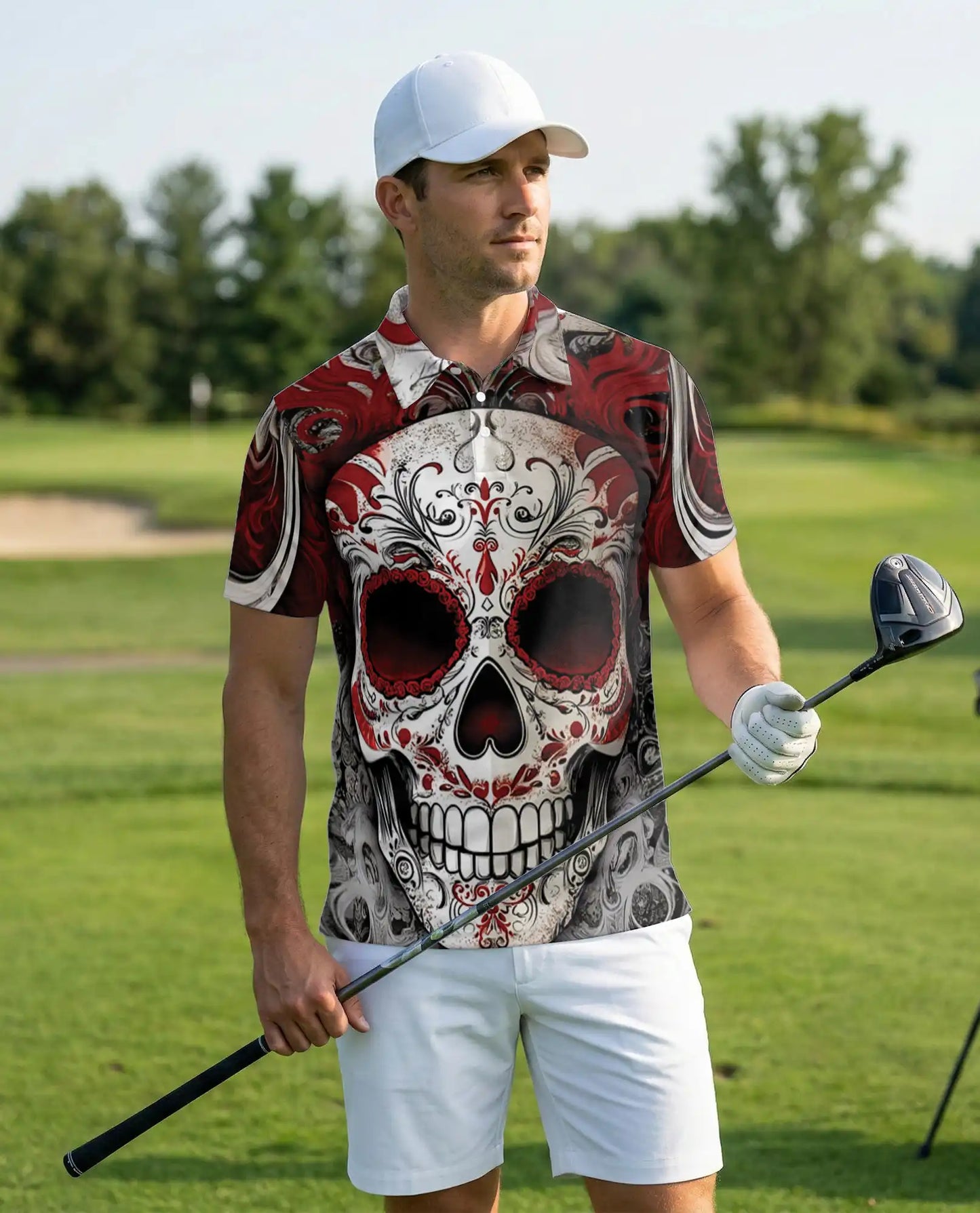 Sugar Skull Polo Shirt – Red Gothic Style | Netecom