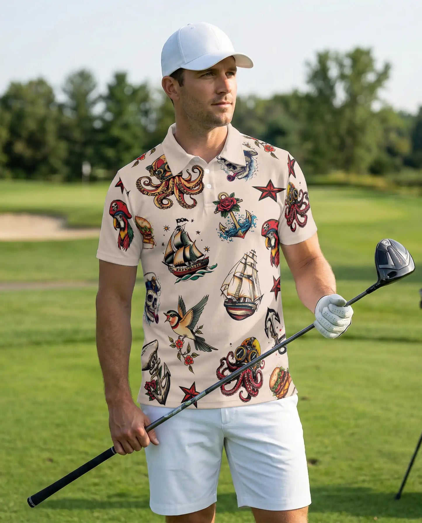Nautical Tattoo Polo Shirt – Pirate & Octopus Print | Netecom