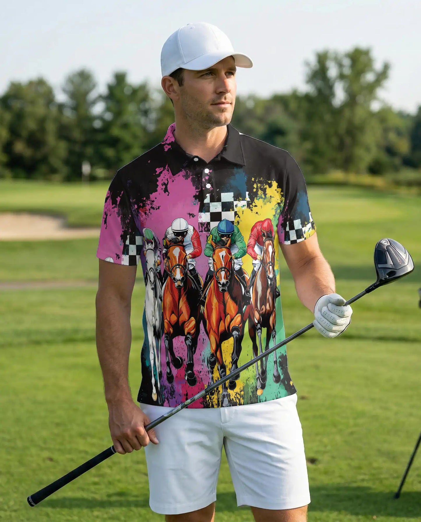 Color Splash Horse Racing 3D Polo Shirt for Men – Dynamic Jockey Derby Style | Netecom