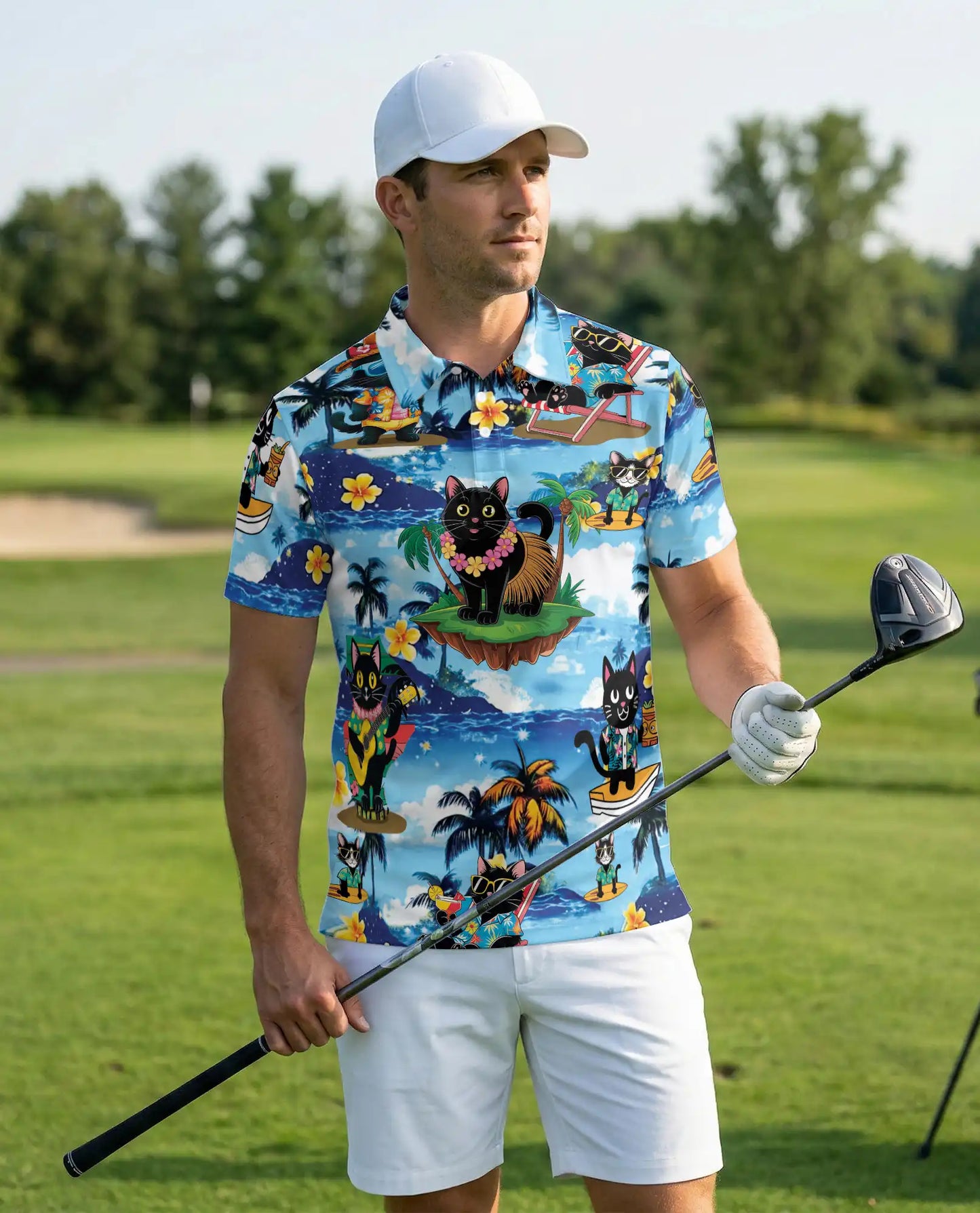Tropical Black Cat 3D Polo Shirt for Men – Hawaiian Beach Cartoon Style | Netecom