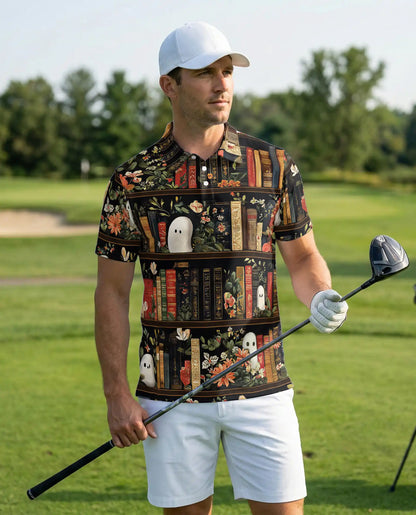 Ghost Library 3D Polo Shirt for Men – Vintage Floral Bookcase Style | Netecom