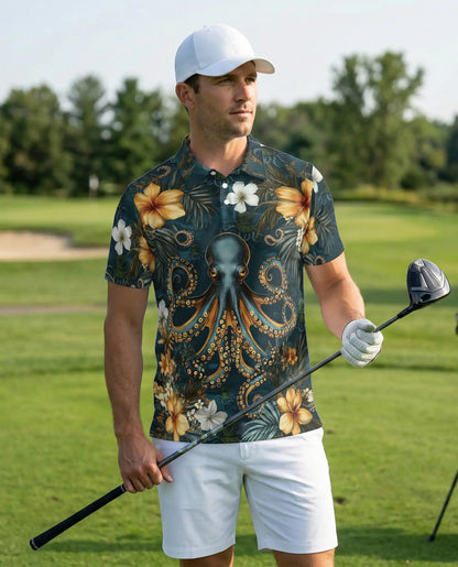 Octopus Polo Shirt for Men-Tropical Ocean Sea Creature Nautical Beach Shirt | Netecom