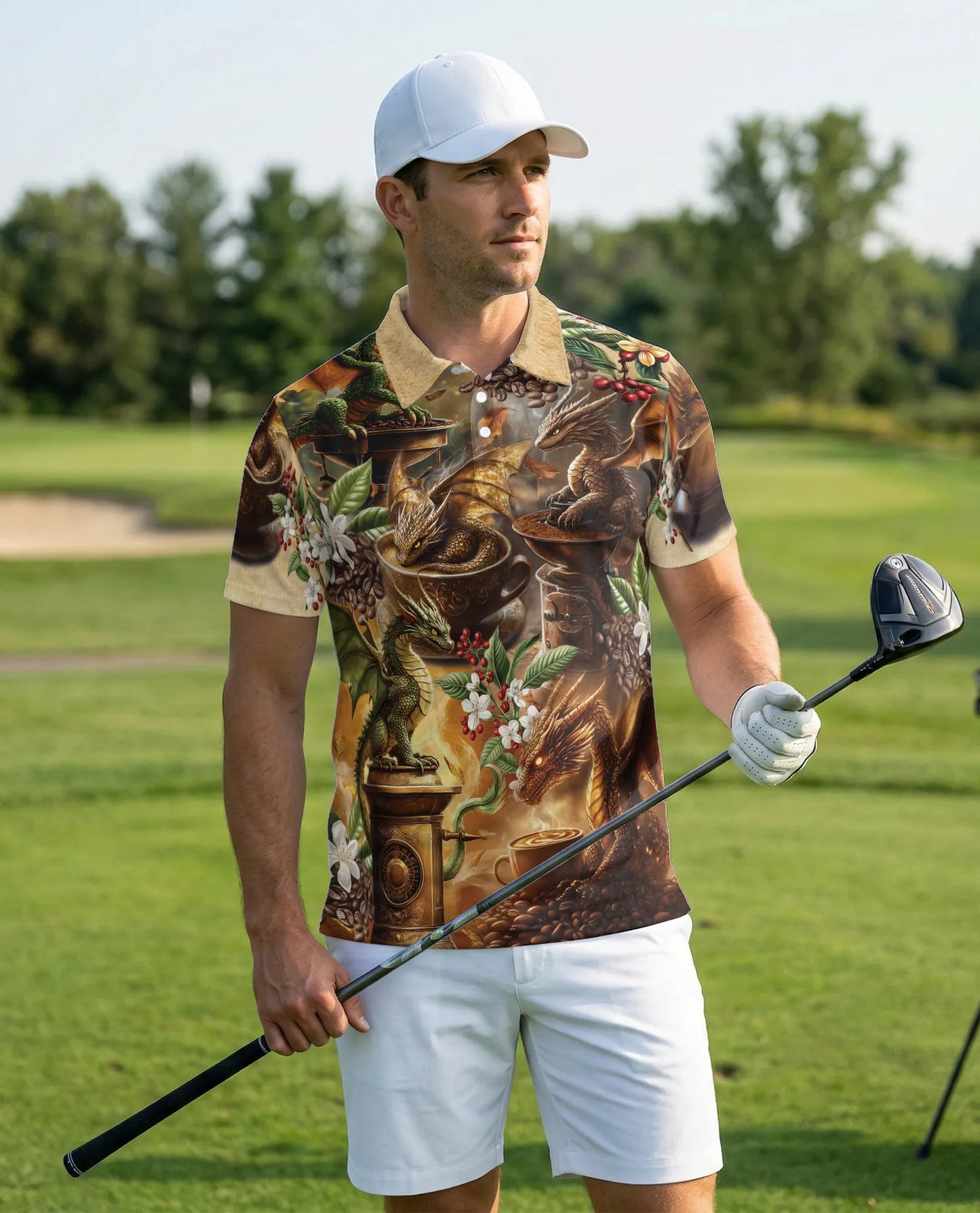 Dragon Coffee 3D Polo Shirt for Men – Fantasy Espresso Art Style | Netecom