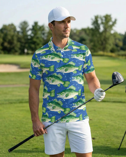 Largemouth Bass Fish Polo Shirt for Men- Angler Fish Pattern | Netecom