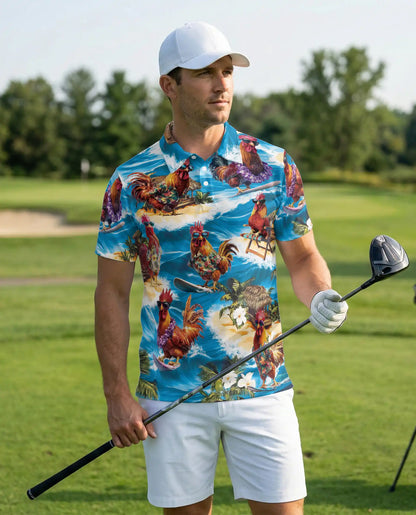 Surfing Rooster 3D Polo Shirt for Men – Funny Beach Chicken Style | Netecom