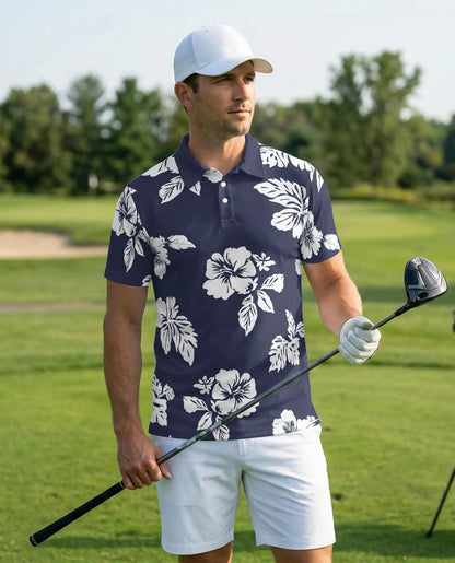 Navy Blue Hibiscus Polo Shirt for Men- Print Tropical Floral | Netecom