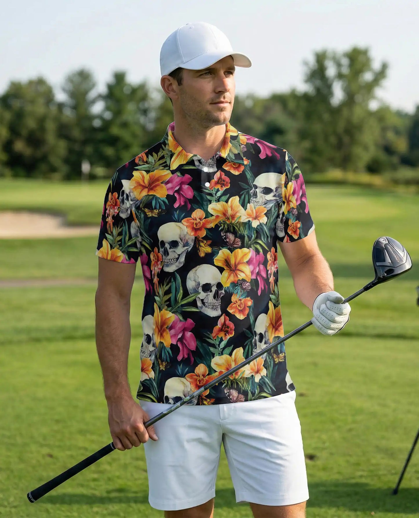 Tropical Skull Floral Polo Shirt -Gothic Botanical Print | Netecom