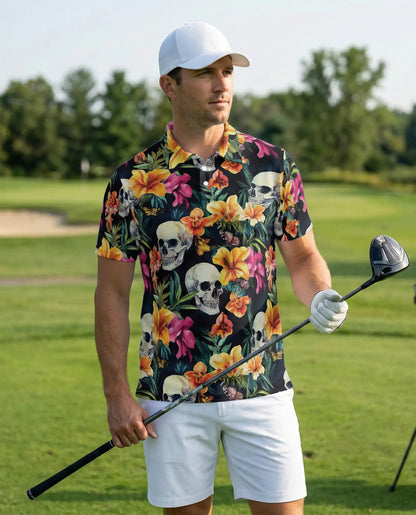 Tropical Skull Floral Polo Shirt -Gothic Botanical Print | Netecom