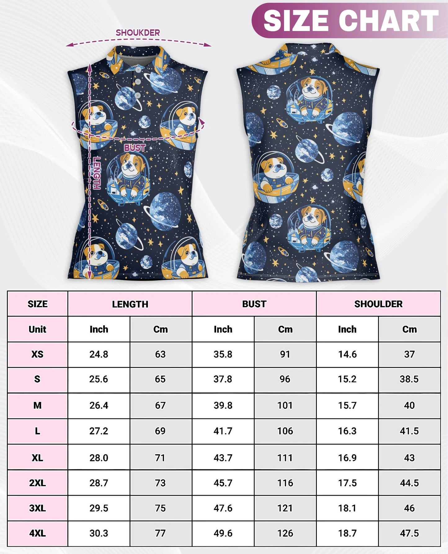 Space English Bulldog Astronaut Sleeveless Polo Shirt for Women | Netecom