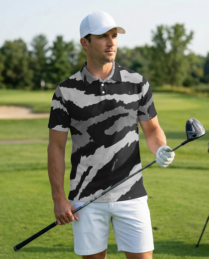 Black White Abstract 3D Polo Shirt for Men – Modern Brushstroke Style | Netecom