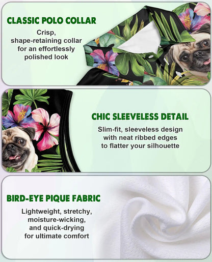 Tropical Pug Sleeveless Polo Shirt for Women – Cute Dog Summer Style | Netecom