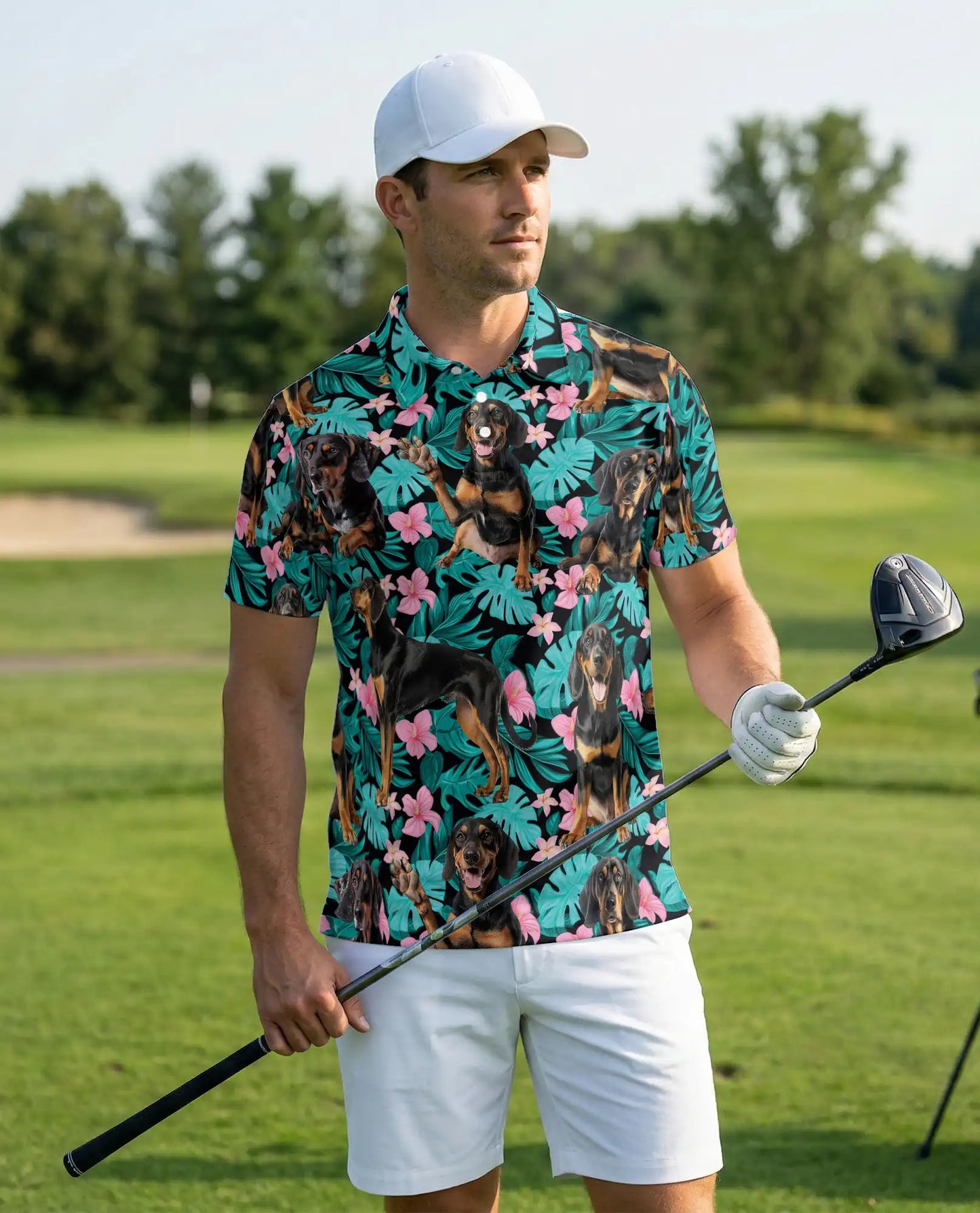 Doberman Tropical Polo Shirt – Floral Dog Print | Netecom