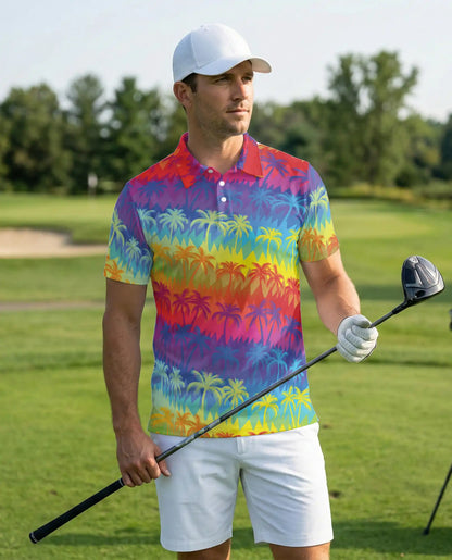 Rainbow Palm Tree Polo Shirt – Tropical Sunset Paradise Print | Netecom