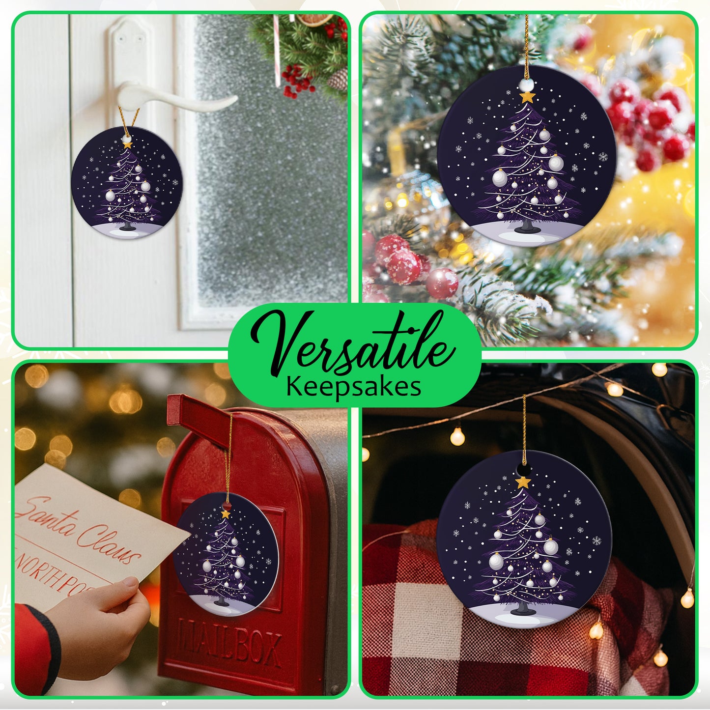 Netecom Elegant Purple Christmas Tree with White Baubles Ornaments, Ceramic Snow Night Scene Keepsake Ornament for Christmas Tree Decorations, Gifts for Holiday, Party, Home Decor