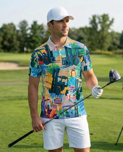 Forklift Tropical Warehouse 3D Polo Shirt for Men – Funny Logistics Worker Style | Netecom
