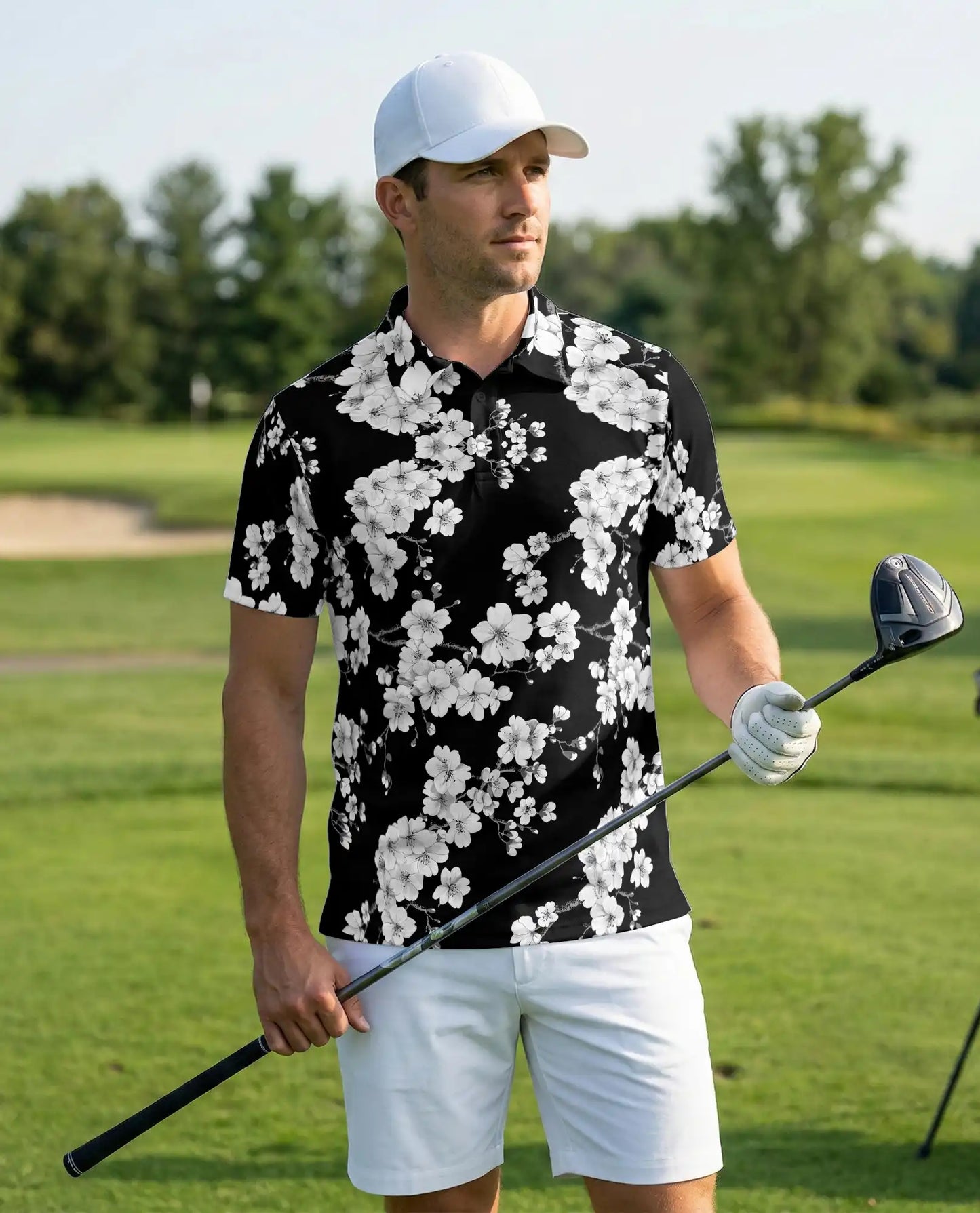Black White Floral Hawaiian 3D Polo Shirt for Men | Netecom