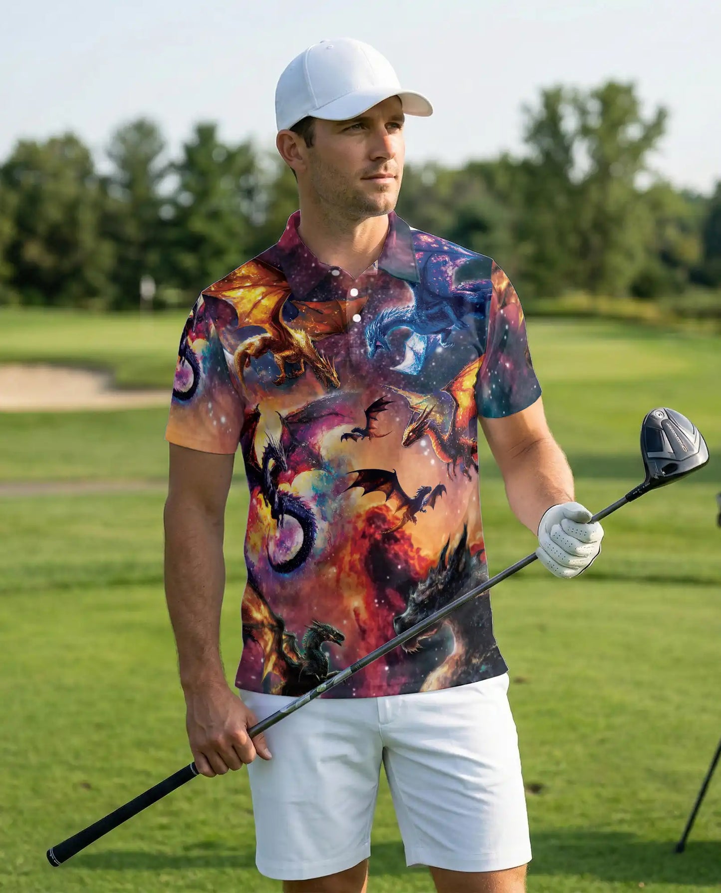 Cosmic Fantasy Dragon 3D Polo Shirt for Men – Galaxy Mythical Creature Style | Netecom