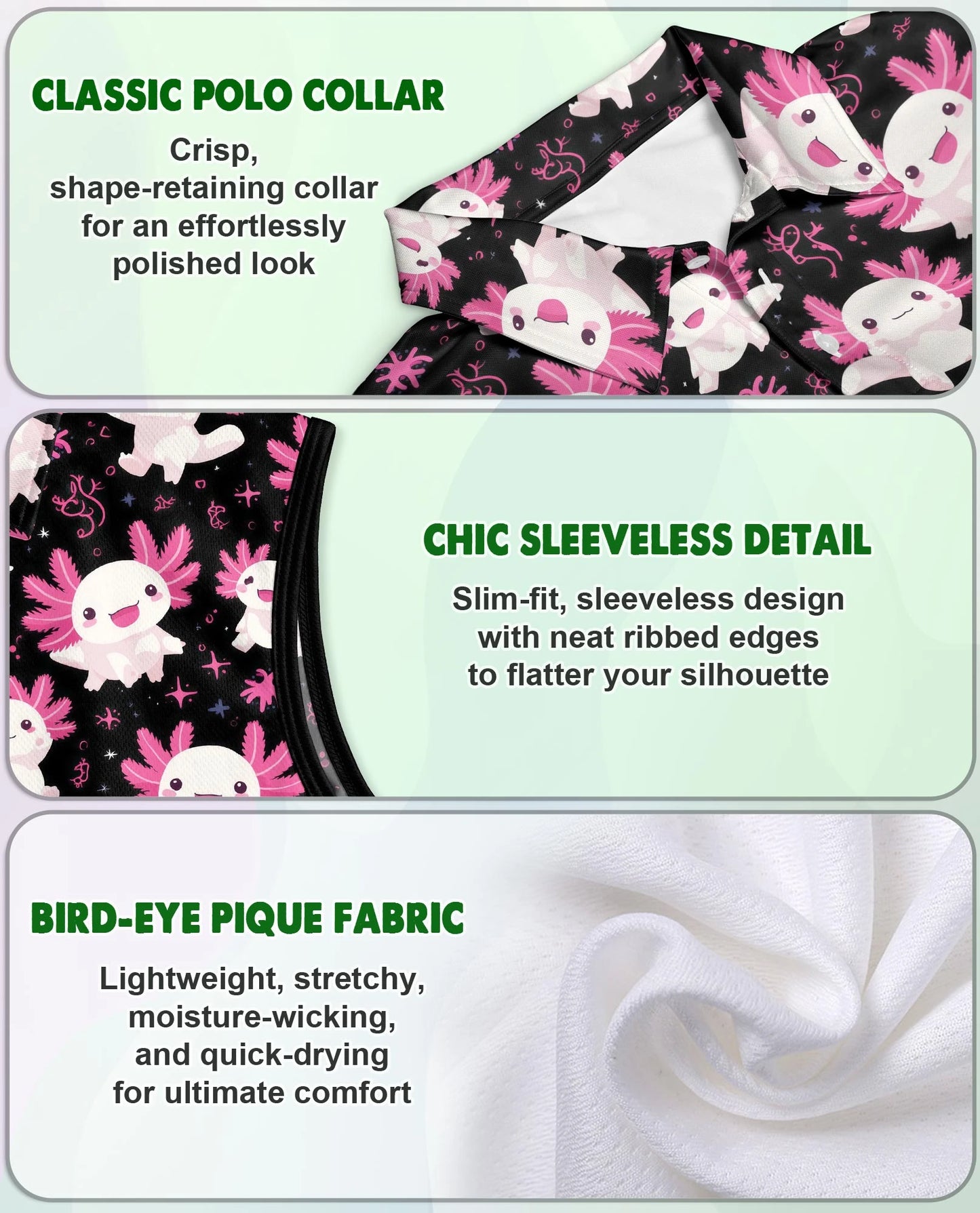 Axolotl Pattern Sleeveless Polo Shirt for Women – Cute Aquatic Animal Style | Netecom