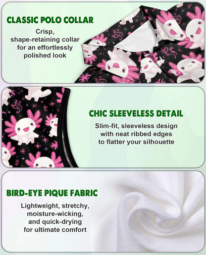 Axolotl Pattern Sleeveless Polo Shirt for Women – Cute Aquatic Animal Style | Netecom