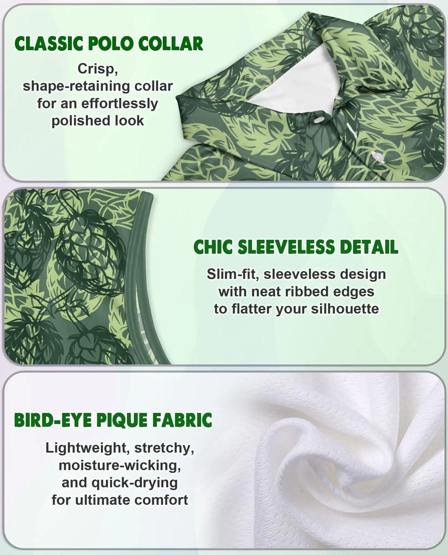 Hops Pattern Sleeveless Polo Shirt for Women – Botanical Craft Style | Netecom