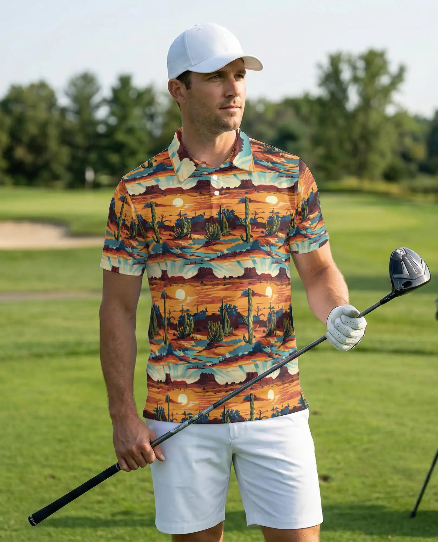 Southwestern Desert Sunset 3D Polo Shirt for Men – Cactus Western Style | Netecom
