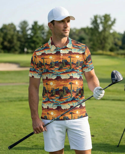 Southwestern Desert Sunset 3D Polo Shirt for Men – Cactus Western Style | Netecom