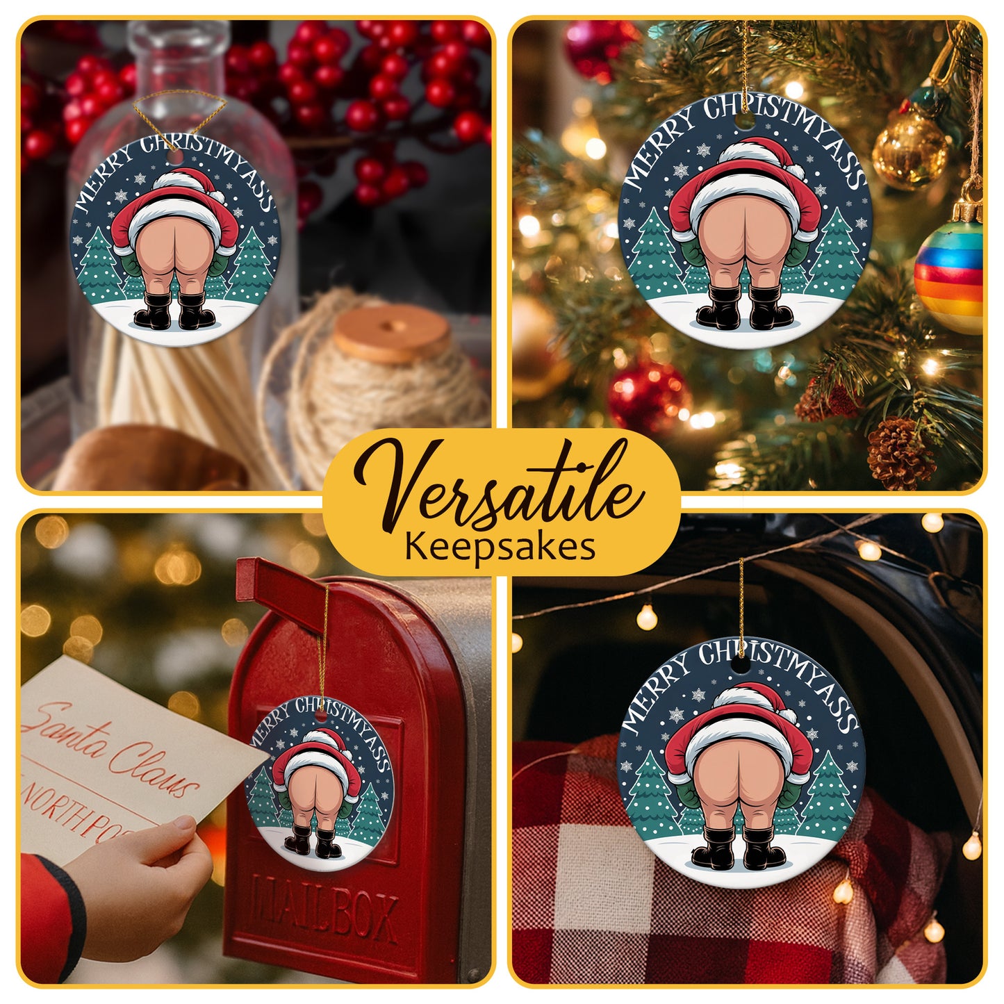 Netecom Funny Santa Ornaments, Merry Christ My Ass Ceramic Ornament for Christmas Tree Hanging Decorations Gift, Funny Gag Gifts for Men Women, Holiday Party Present