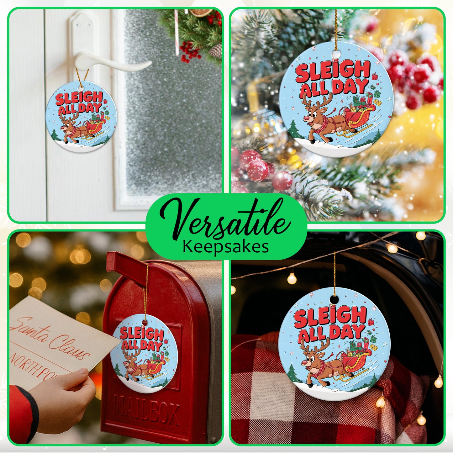 Netecom Funny Santa Sleigh Christmas Ornament, Sleigh All Day Ceramic Ornament for Xmas Tree Hanging Decorations Gift, Home Decor, Gifts for Friends & Family, Holiday Party Present