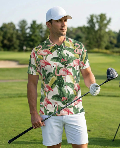 Pink Flamingo Tropical Hawaiian Polo Shirt for Men | Netecom