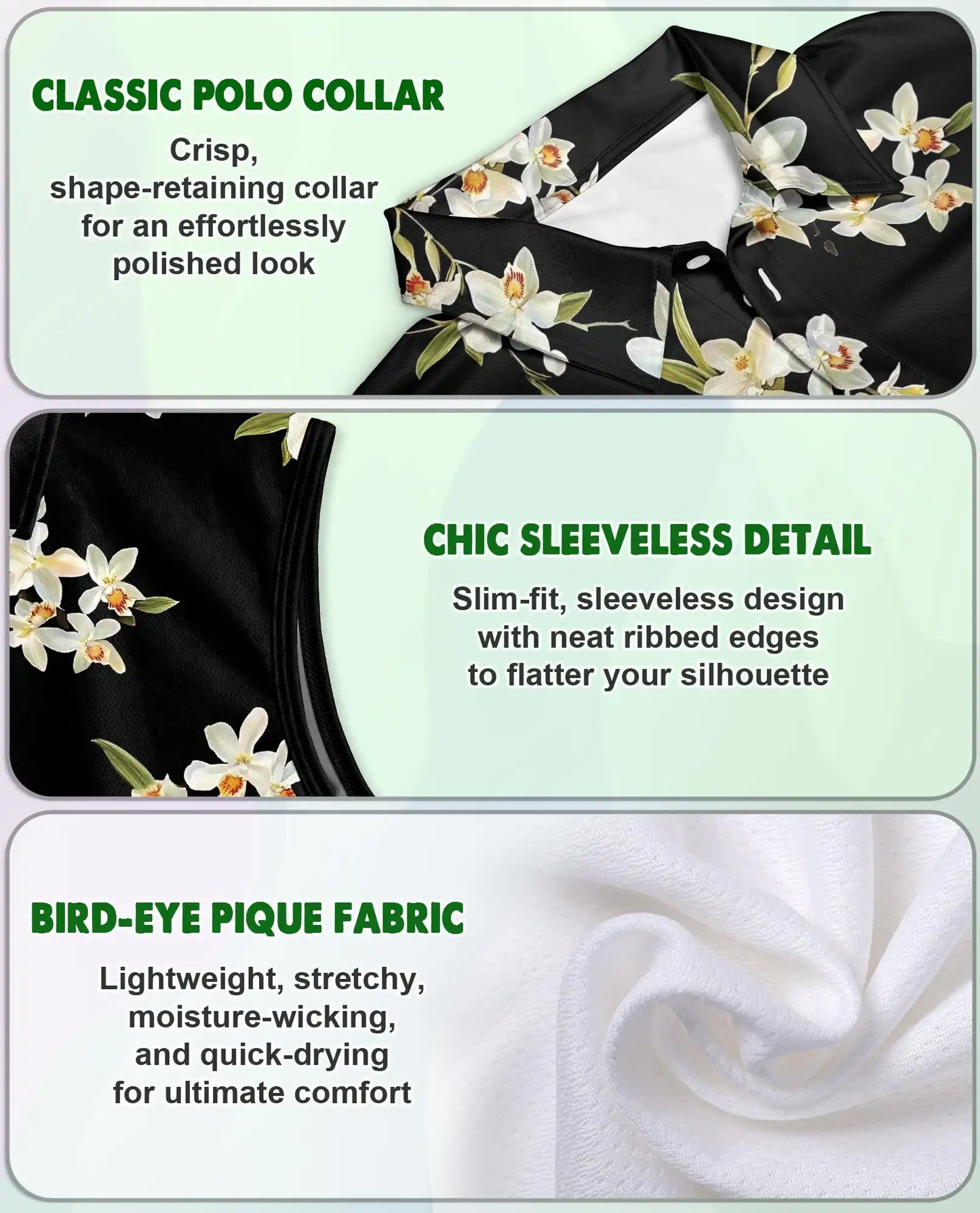 White Orchid Print Sleeveless Polo Shirt for Women – Elegant Floral Style | Netecom