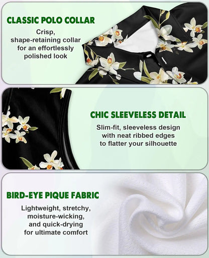 White Orchid Print Sleeveless Polo Shirt for Women – Elegant Floral Style | Netecom