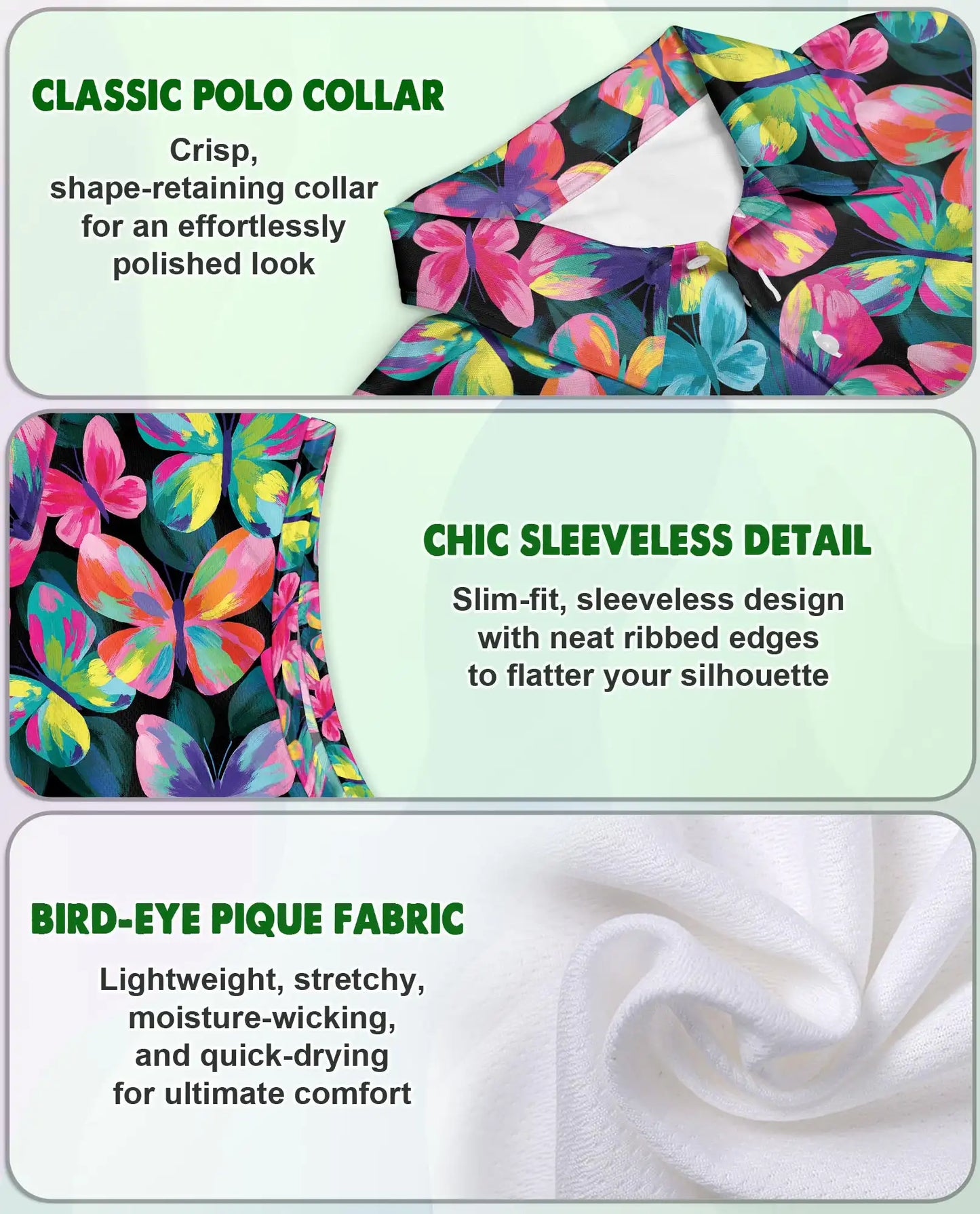 Vibrant Butterfly Pattern Sleeveless Polo Shirt for Women | Netecom
