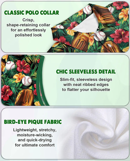 Baseball Glove And Hibiscus Sleeveless Polo Shirt for Women | Netecom