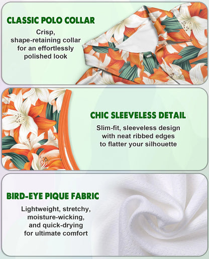 Orange Lily Print Sleeveless Polo Shirt for Women – Elegant Floral Style | Netecom
