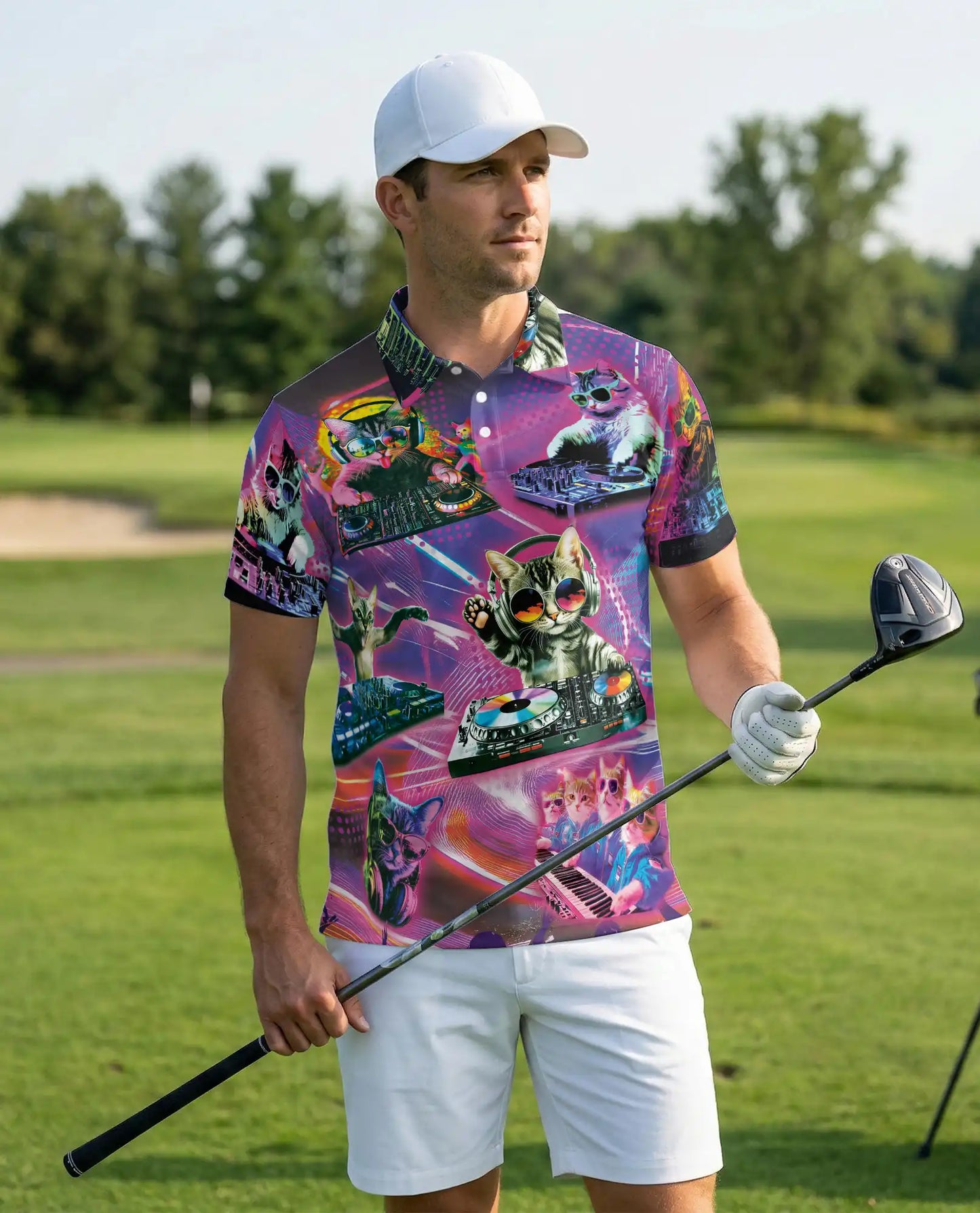 DJ Cat Party Polo Shirt-Neon Music Festival Funny Cat DJ Design | Netecom