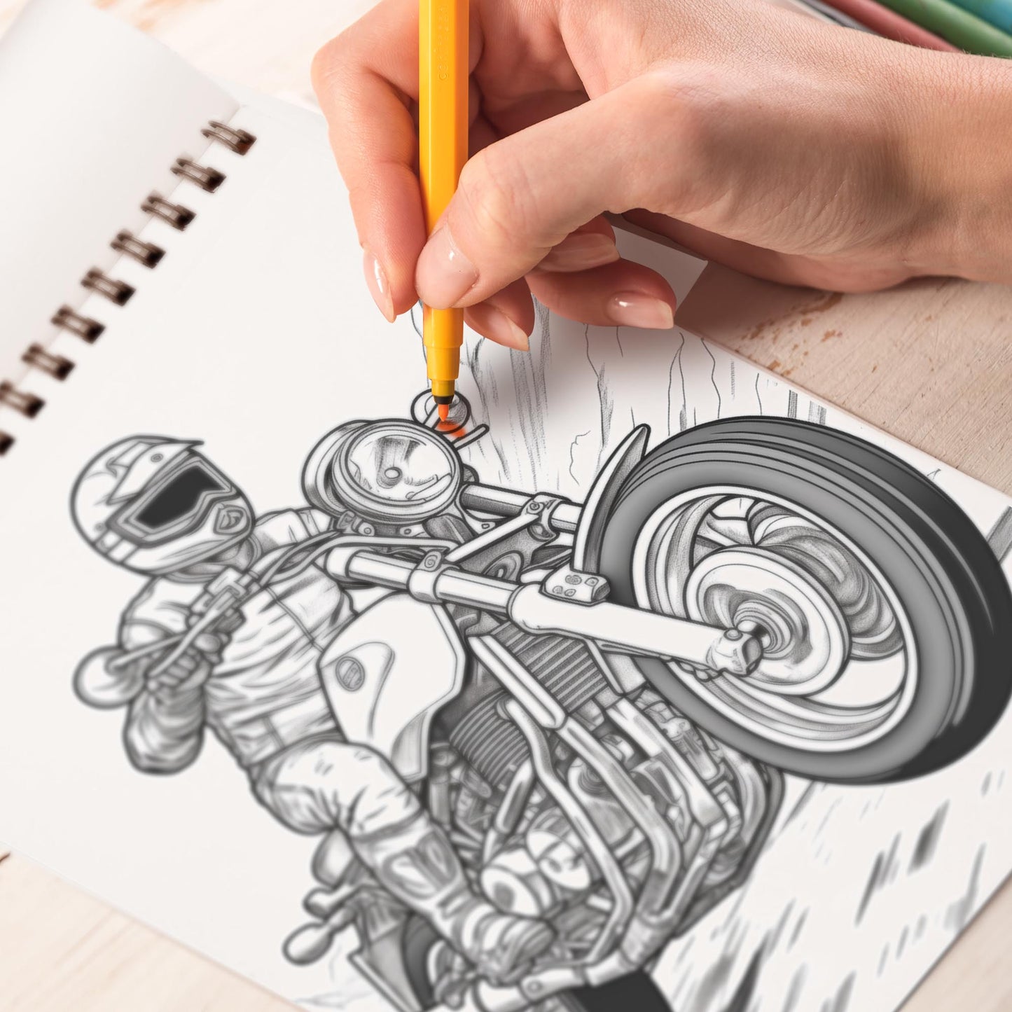 Racing Motorcycle Spiral Bound Coloring Book, Indulge in 30 Whimsical Coloring Pages, Featuring Speedy Racing Motorcycles with Striking Designs