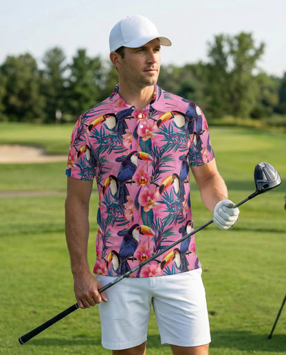 Pink Tropical Toucan Polo Shirt Exotic Bird Floral Print | Netecom