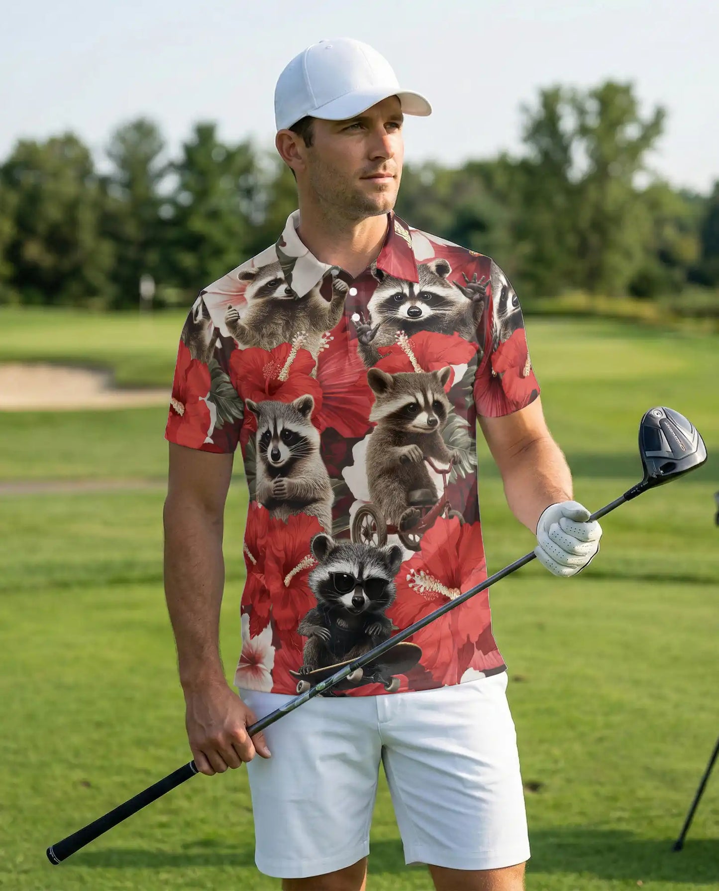 Raccoon Floral 3D Polo Shirt for Men – Funny Animal Hibiscus Style | Netecom