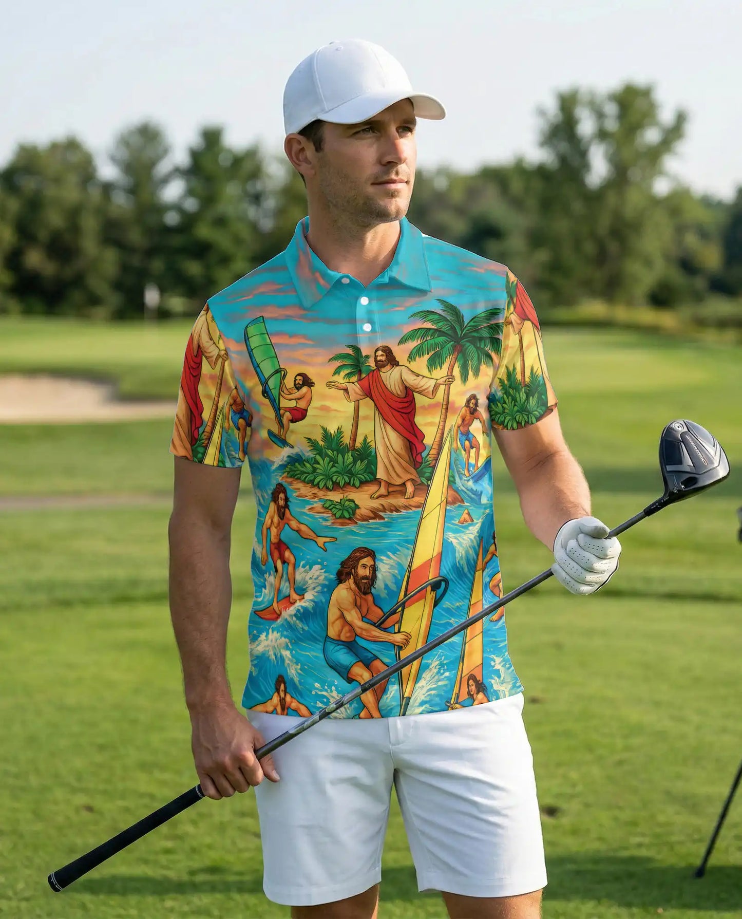 Jesus Surfing Tropical Beach 3D Polo Shirt for Men – Christian Summer Island Style | Netecom