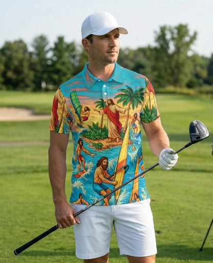 Jesus Surfing Tropical Beach 3D Polo Shirt for Men – Christian Summer Island Style | Netecom