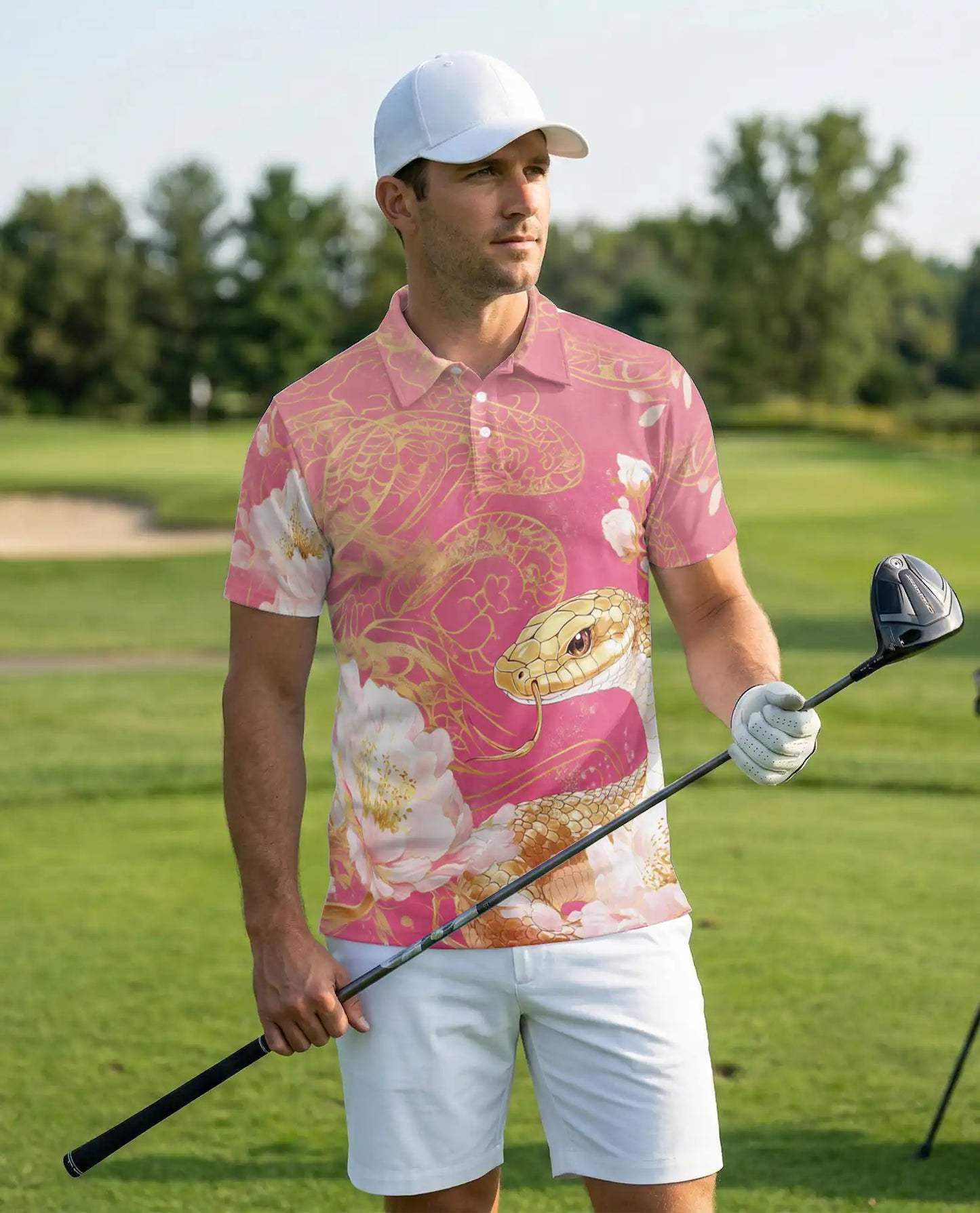 Snake Floral Polo Shirt – Gold Serpent Print | Netecom