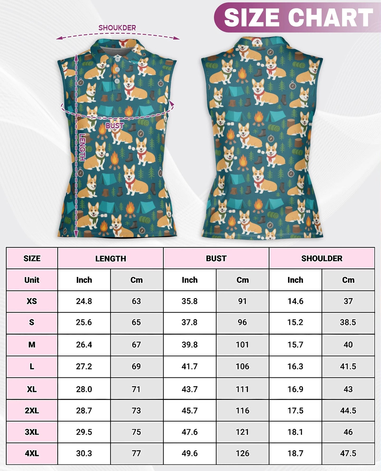 Corgi Camping Sleeveless Polo Shirt for Women – Cute Outdoor Dog Style | Netecom