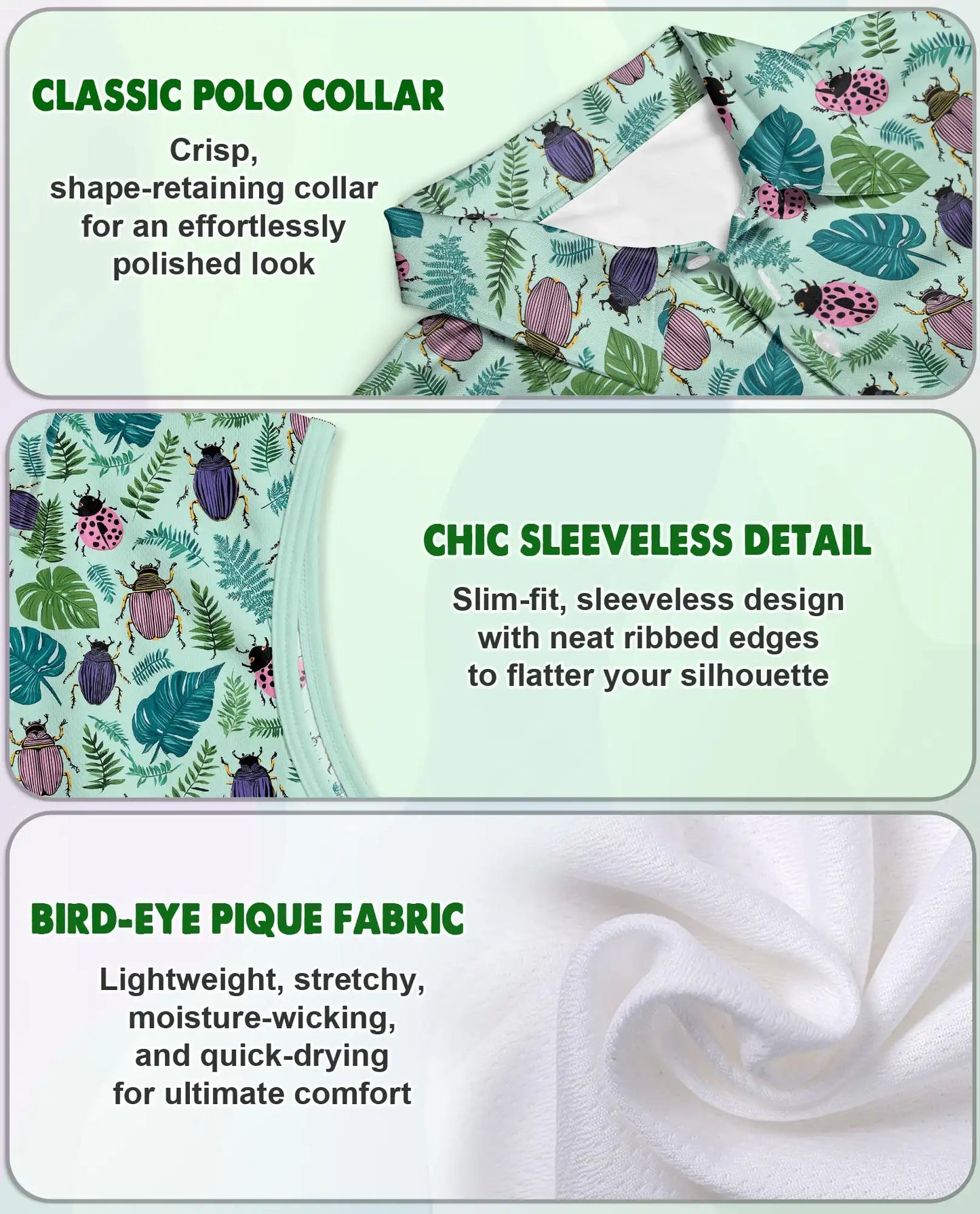 Beetle And Tropical Leaf Sleeveless Polo Shirt for Women  | Netecom