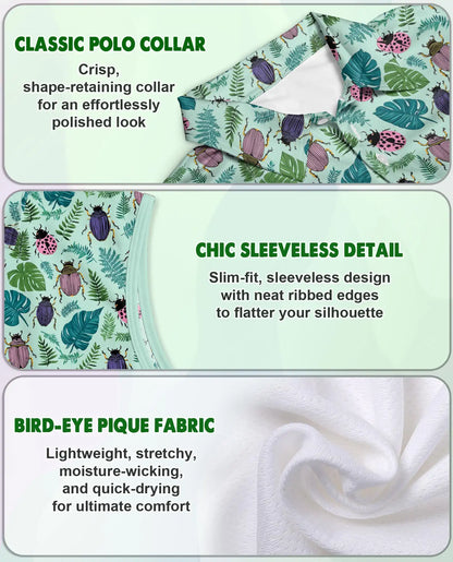 Beetle And Tropical Leaf Sleeveless Polo Shirt for Women  | Netecom