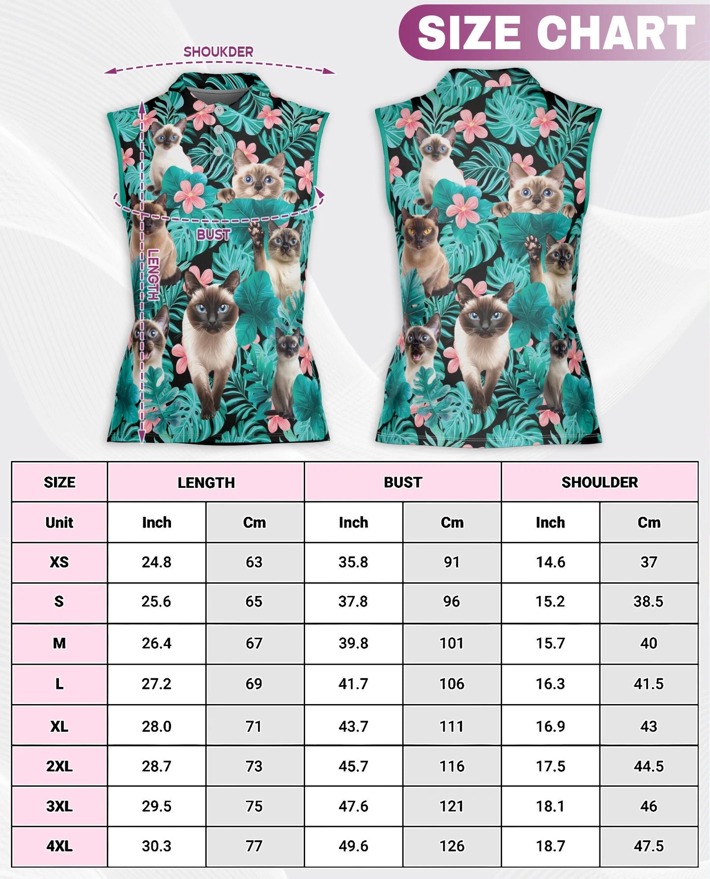 Siamese Cat Tropical Flowers Sleeveless Polo Shirt for Women | Netecom