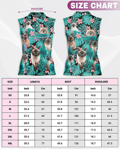 Siamese Cat Tropical Flowers Sleeveless Polo Shirt for Women | Netecom