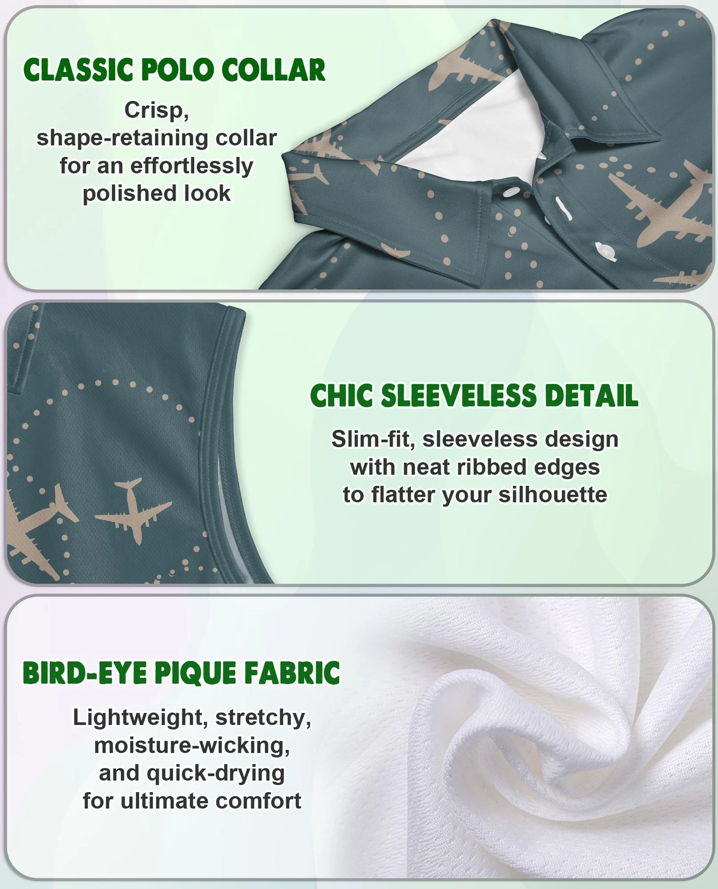 Airplane Pattern Sleeveless Polo Shirt for Women | Netecom
