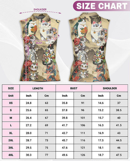 Japanese Cat Tattoo Sleeveless Polo Shirt for Women | Netecom
