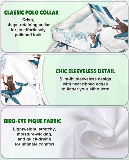 Cat Riding Whale Funny Sleeveless Polo Shirt for Women | Netecom